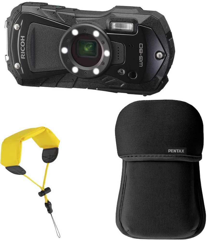 Ricoh Compactcamera WG-80 Zwart KIT met Drijfriem en Neoprene beschermhoes