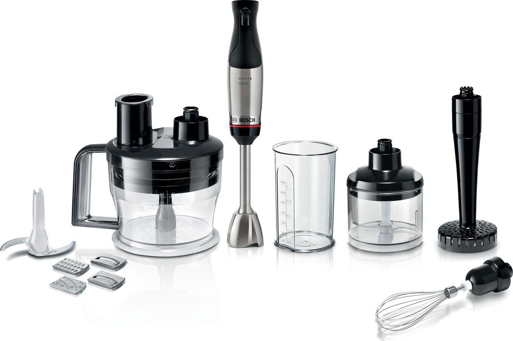Bosch staafmixer ErgoMaster Serie 6 MSM6M673, 10 jaar motorgarantie, roestvrijstalen messen, slijtvaste keramische koppeling, luchtkoeling, hakmolen, aardappelstamper, garde, 1000 W