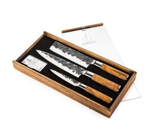 Forged Olive Messenset 3pcs - Koksmes, Hakbijl, Huishoudmes - 1