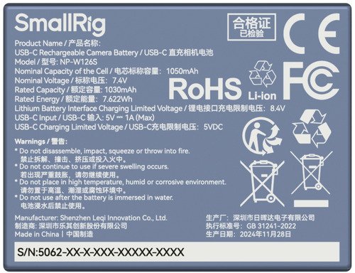 SmallRig 5062 USB-C Rechargeable Camera Battery NP-W126S - 5