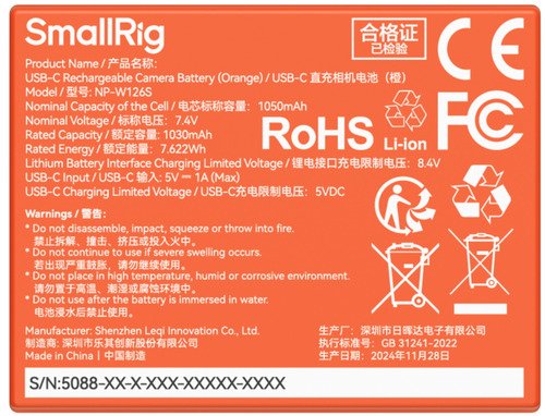 SmallRig 5088 USB-C Rechargeable Camera Battery NP-W126S - 3